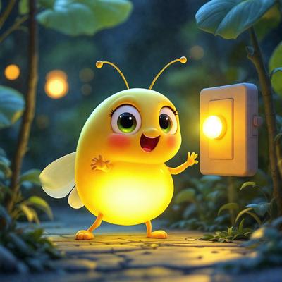 The primary subject of the image is a cute, yellow cartoon character, possibly a bee or a similar insect, holding a light bulb. The character is standing in a forest-like setting, with trees and plants surrounding it. The visual style of the image is digital art, as it appears to be a well-crafted, computer-generated illustration. The colors and mood of the image are bright and cheerful, with the yellow character and the light bulb creating a warm and inviting atmosphere.